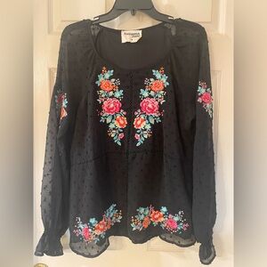 Savanna Jane Black Sheer Top with Vibrant Floral Embroidery